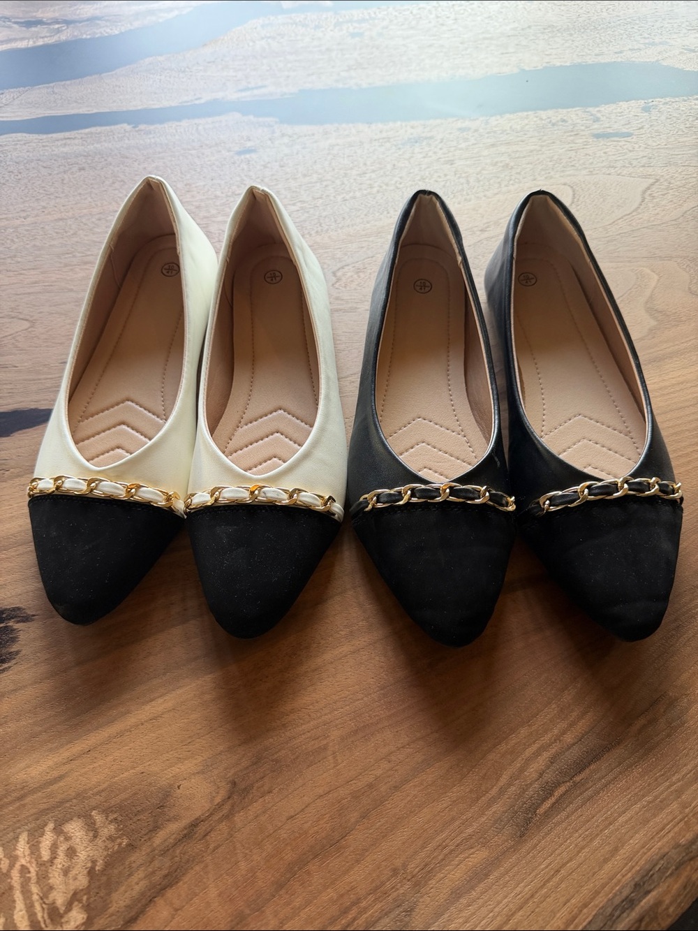 Pointed Toe Chain-Trim Flats in Black and Cream